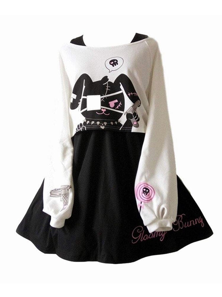 Black and white long sleeve evil psycho bunny dress with stitched pirate-themed bunny and pink skirt accents