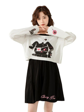 White long sleeve crop top with black and pink cartoon cat graphic from psycho bunny bunny dress two piece stunning look