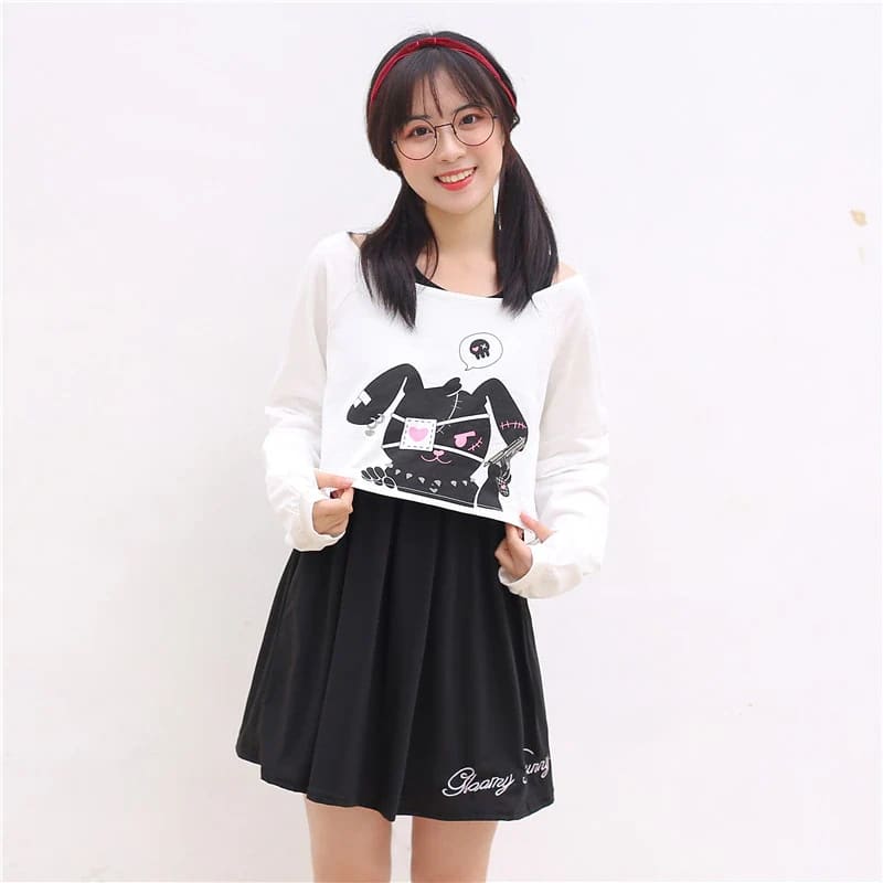 White long sleeve bunny dress with black cartoon rabbit graphic and pink accents perfect for a two piece stunning look