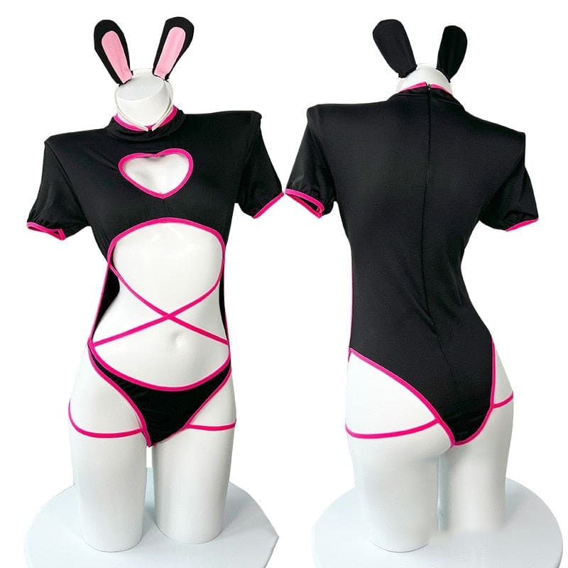 Black and pink punk bunny onesie with heart cutout and crisscross detailing for a cute bunny girl look