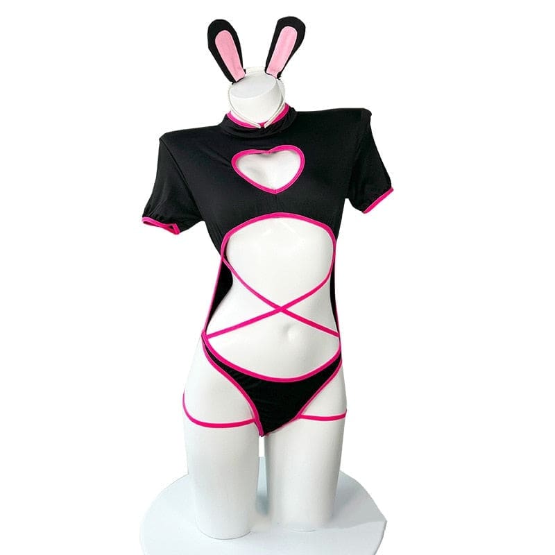Punk bunny onesie in black and pink with heart cutout and crisscross straps perfect for a bunny girl look