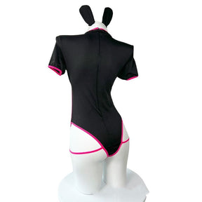 Black bunny onesie with pink trim white accents short sleeves and matching ears perfect for punk bunny girl looks