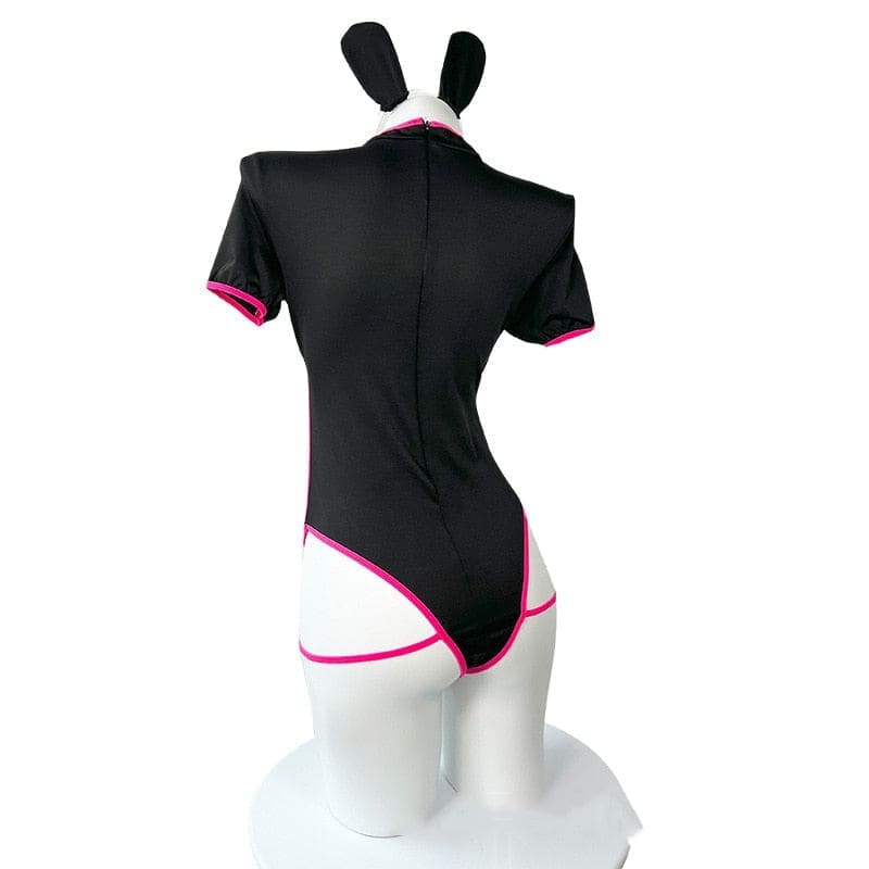 Black bunny onesie with pink trim white accents short sleeves and matching ears perfect for punk bunny girl looks