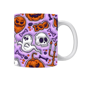 Purple Halloween mug with orange pumpkins, white ghosts, a skull and Boo lettering, finished with a white handle.
