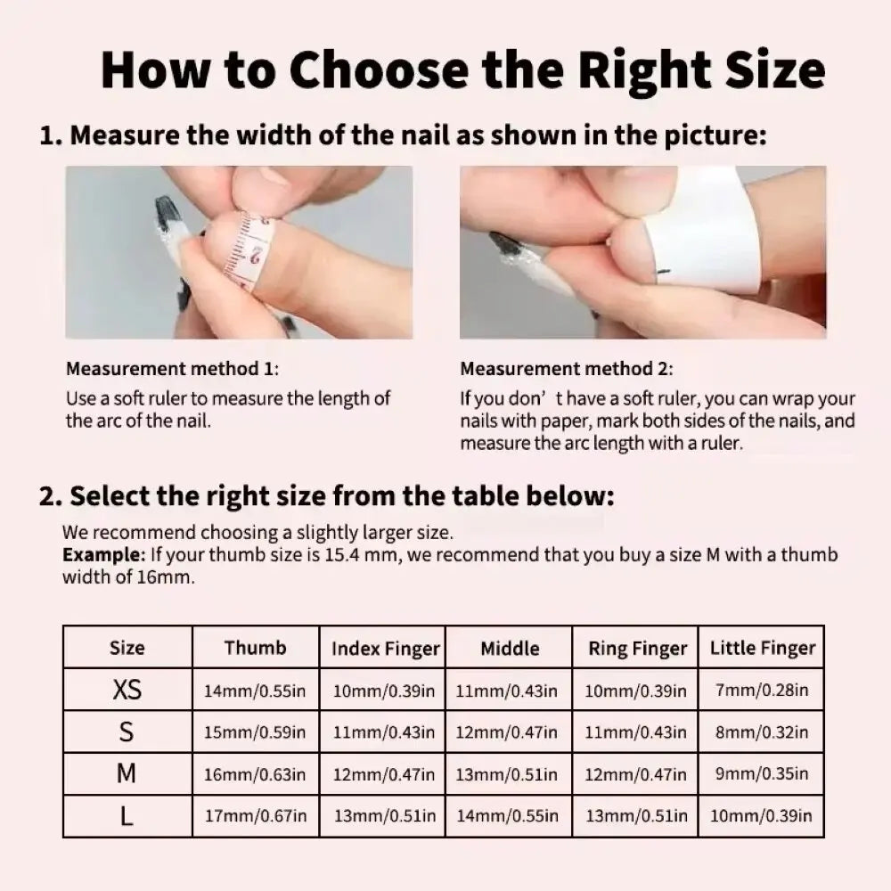 Press-on nail size chart for XS, S, M and L, with thumb-to-little-finger widths and diagrams showing how to measure the curved width of a natural nail.