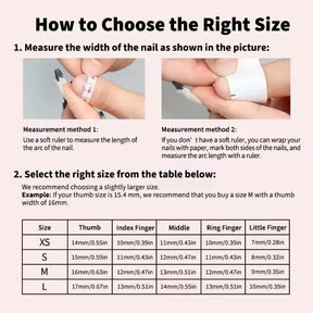 Press-on nail size chart for XS, S, M and L, with thumb-to-little-finger widths and diagrams showing how to measure the curved width of a natural nail.