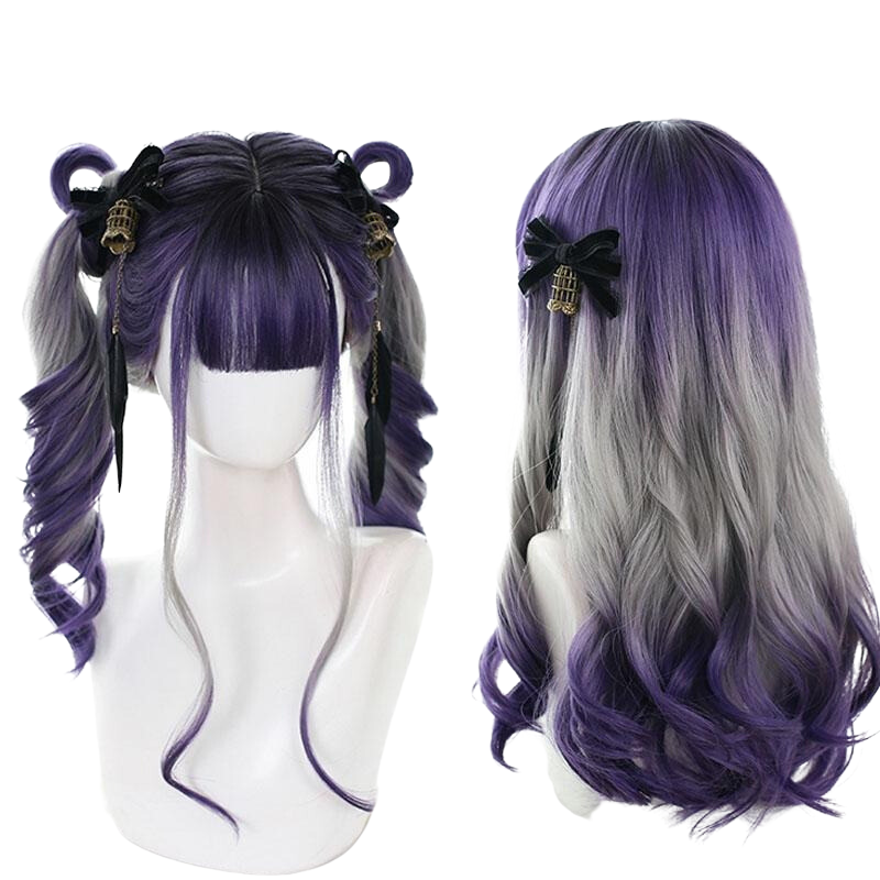 Purple and silver-gray wig shown from the front in curled side sections and from the back with loose lengths, both with dark violet ends.