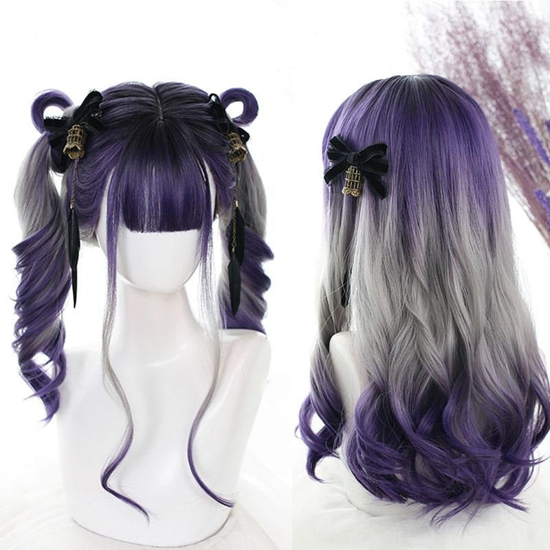 Paired front and back views of the wavy purple and gray wig against a pale display, contrasting the styled side sections with the loose curled lengths.