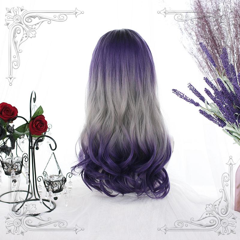 Rear view of the long purple and gray wig, showing a dark violet crown, broad silver-gray middle section and curled purple ends.