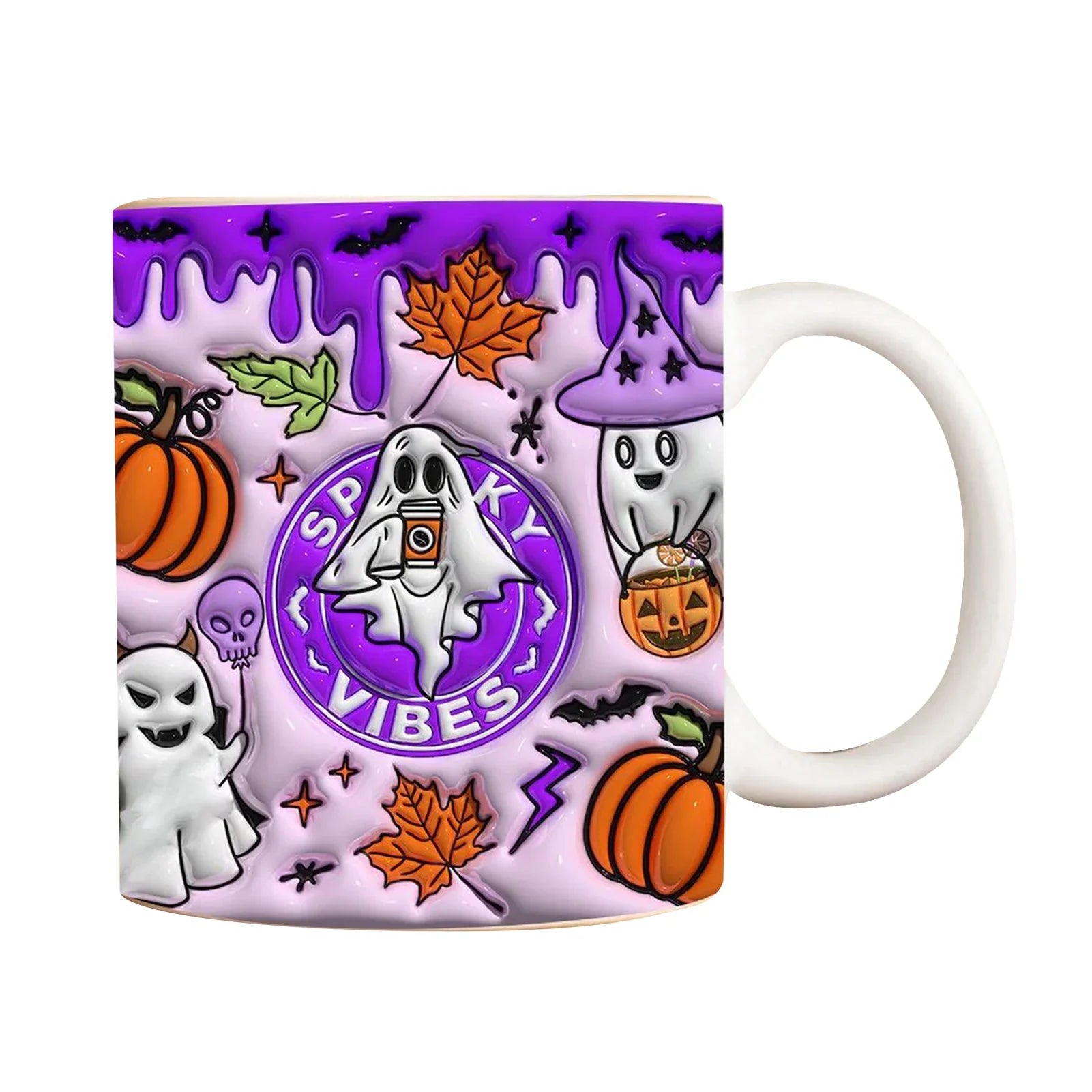 Purple Spooky Vibes mug with orange pumpkins, white ghosts, black bats and autumn leaves beside a white handle.