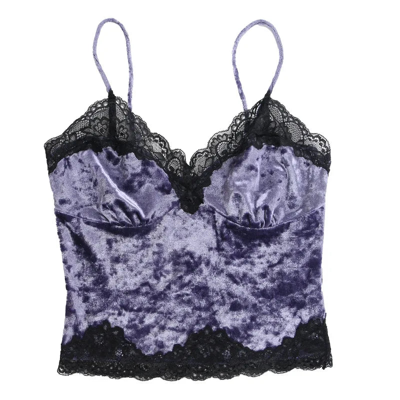 Purple crushed velvet camisole laid flat on white, showing curved bust seams, narrow straps and black lace borders.