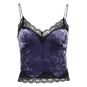 Full purple camisole isolated on white, with a dipped black lace neckline and scalloped lace hem.