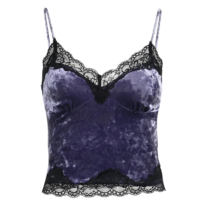 Full purple camisole isolated on white, with a dipped black lace neckline and scalloped lace hem.