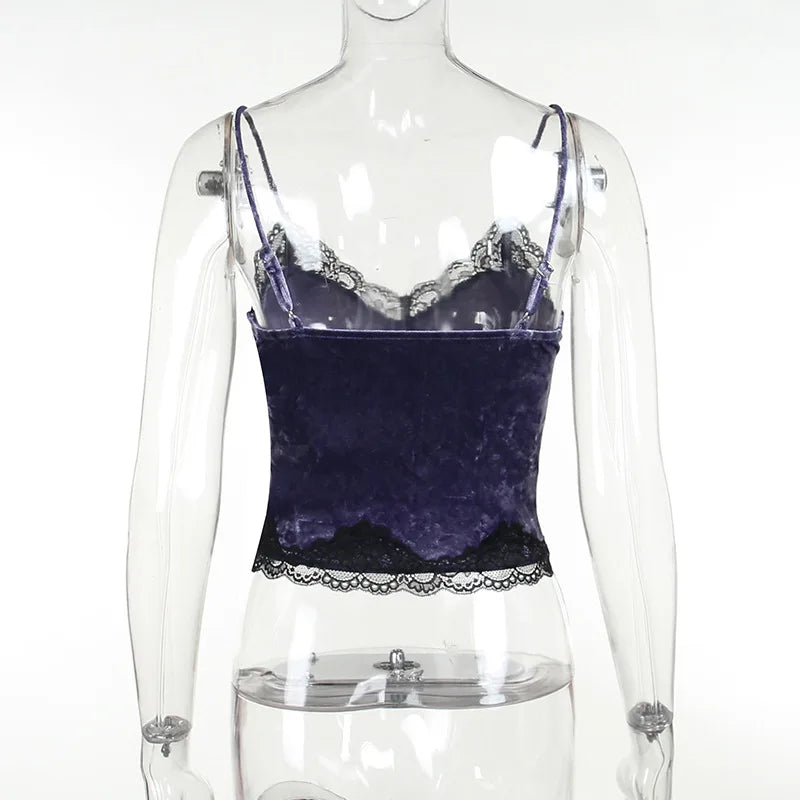 Rear view of the purple camisole on a transparent mannequin, with narrow straps and a plain back above the black lace hem.