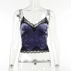 Purple camisole on a transparent mannequin, showing the full front, delicate straps and black floral lace trim.