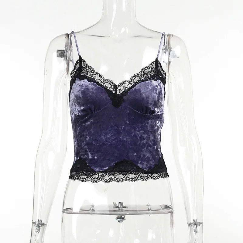 Purple camisole on a transparent mannequin, showing the full front, delicate straps and black floral lace trim.