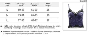 Size chart for the purple camisole showing bust, waist and length measurements in centimetres for S, M and L.