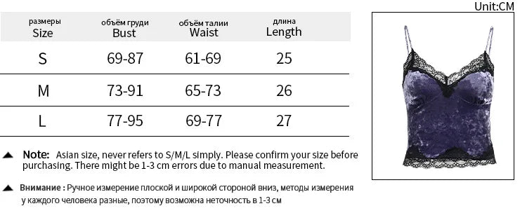 Size chart for the purple camisole showing bust, waist and length measurements in centimetres for S, M and L.