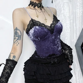 Purple velvet camisole shown from a three-quarter angle with black lace trim and a tiered black skirt.
