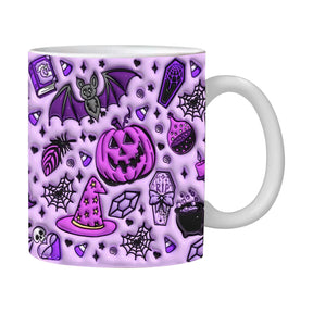 Purple Halloween mug covered in witch hats, a jack-o-lantern, bats, spiderwebs and small occult-inspired shapes.