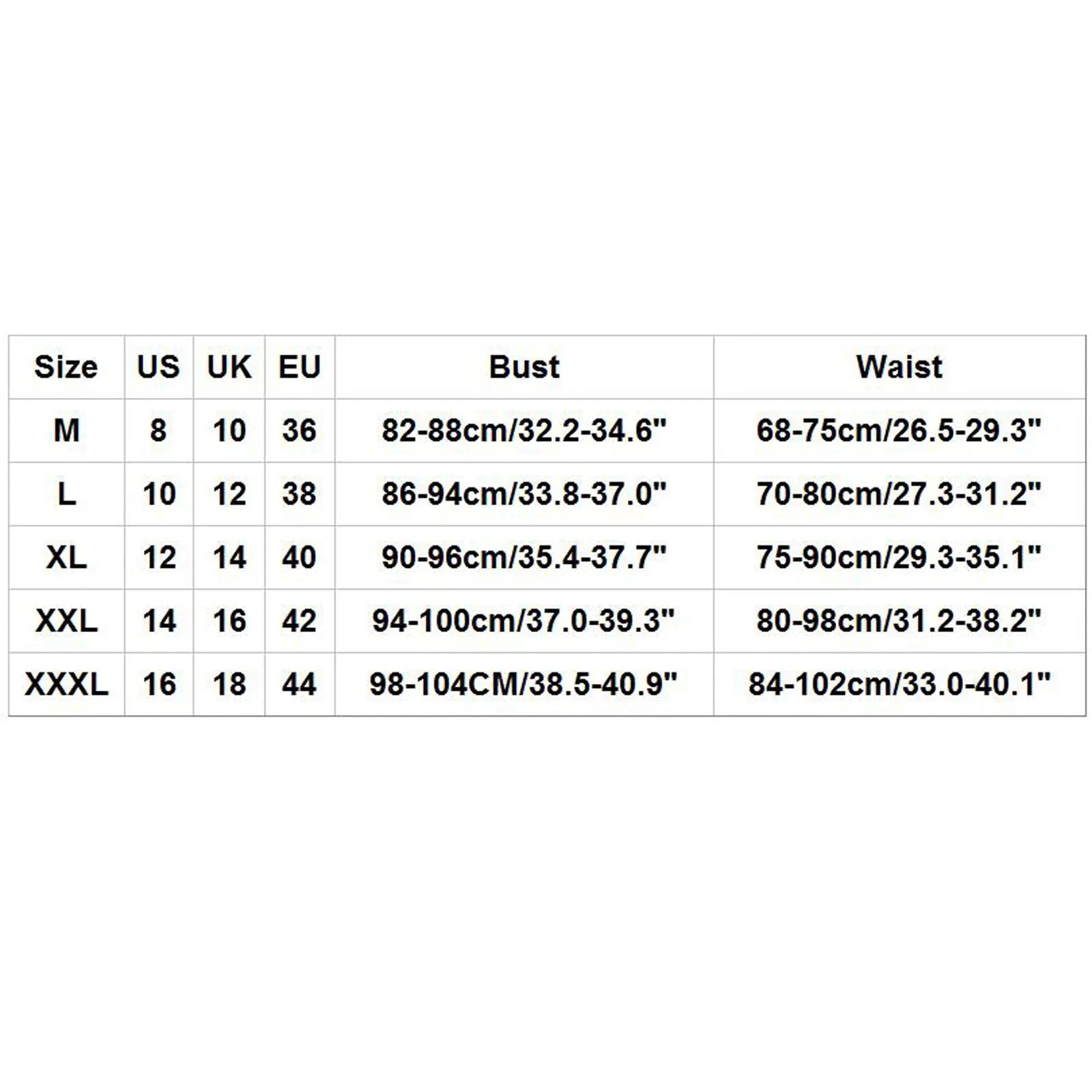 Renaissance lingerie size guide showing bust and waist measurements from M through XXXL.