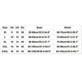 Renaissance lingerie size guide showing bust and waist measurements from M through XXXL.
