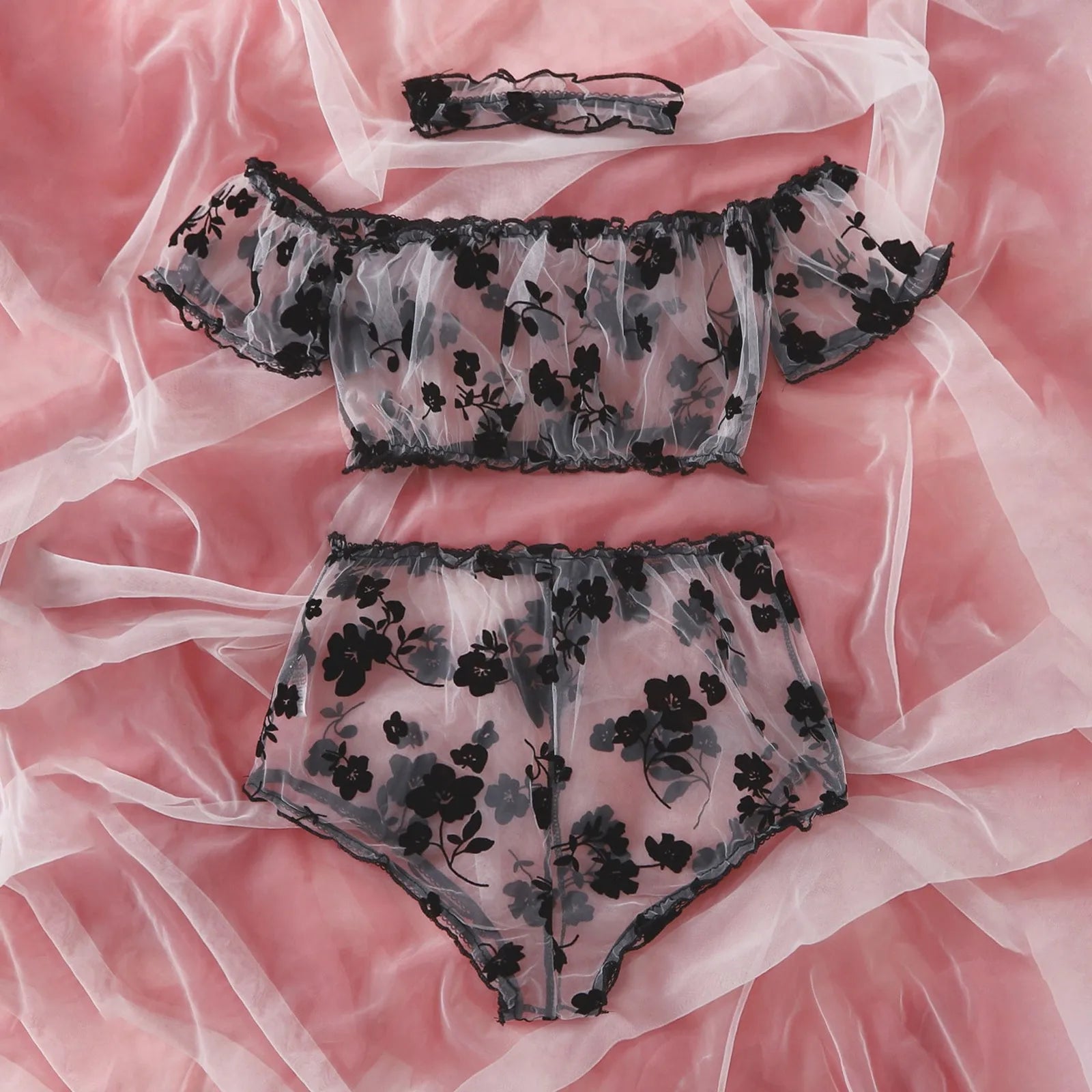 Three-piece floral mesh lingerie set with a gathered cropped top, briefs and choker.