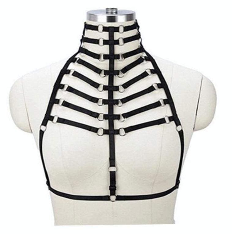 Ribbed harness black leather with silver metal rings and adjustable straps for a perfect fit