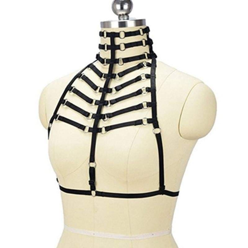 Black leather ribbed harness with silver metal rings and adjustable straps for a stylish edgy look