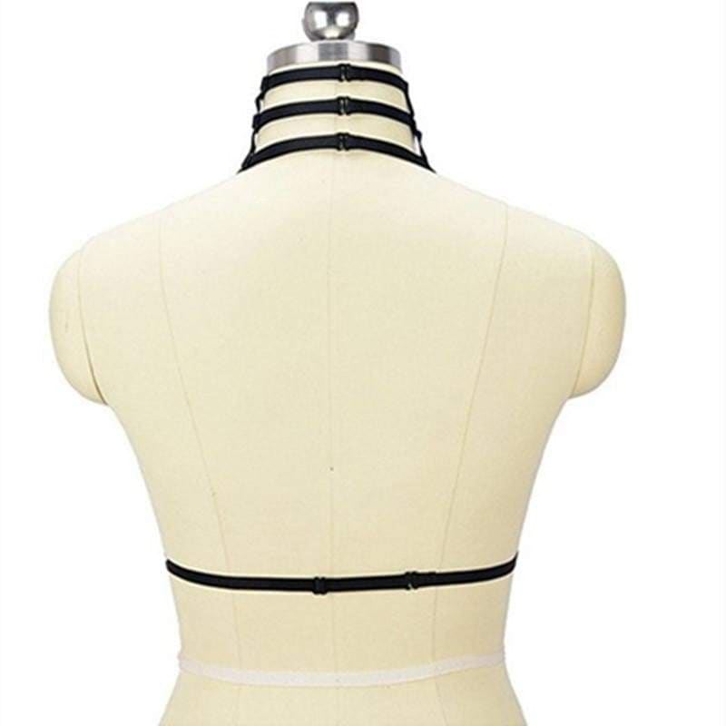 Back mannequin view of the black harness, with three bands around the neck and a narrow adjustable band across the torso.