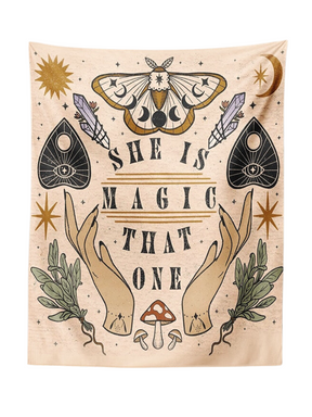 Full print of the She Is Magic That One wall tapestry, with a moth, moon phases, crystal illustrations, open hands and leafy branches.