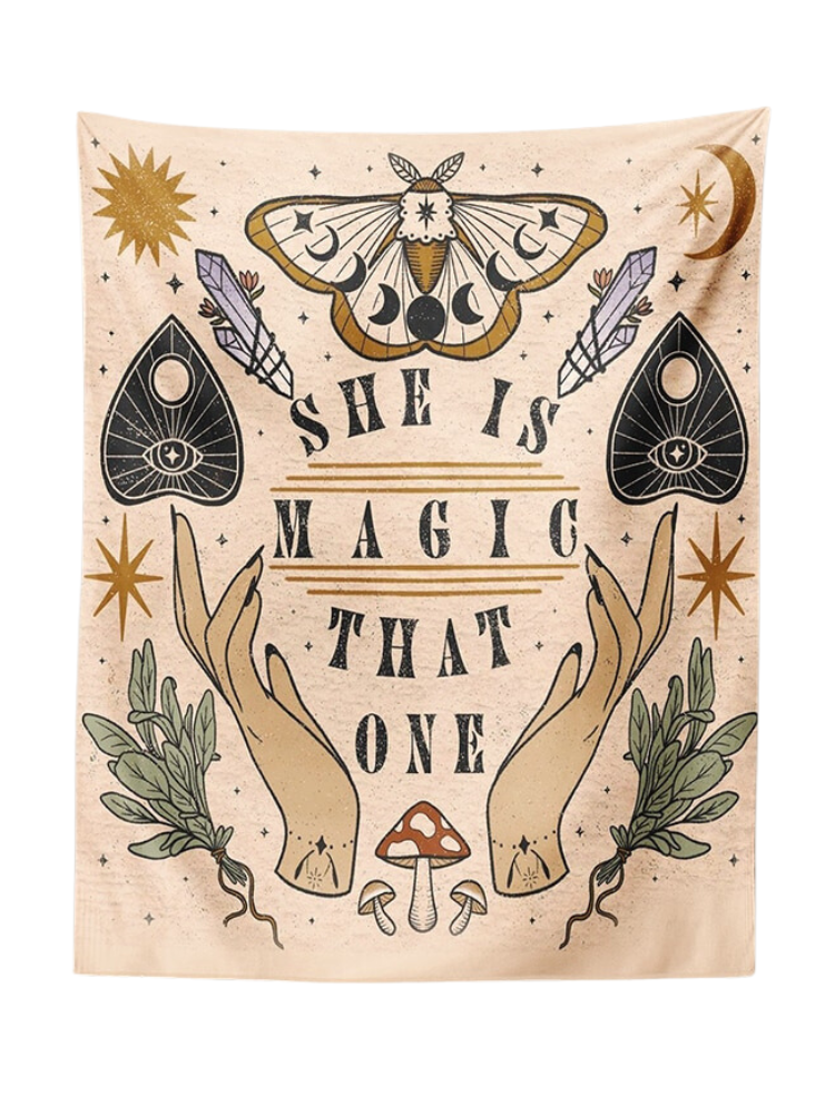 Full print of the She Is Magic That One wall tapestry, with a moth, moon phases, crystal illustrations, open hands and leafy branches.