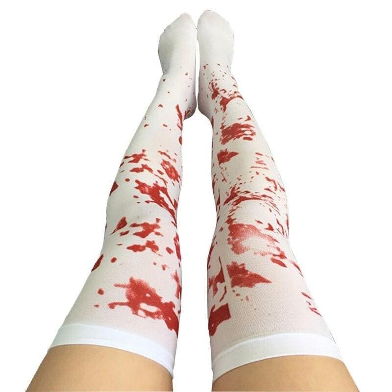 White thigh-high skeleton bone stockings with red blood splatter pattern for spooky bone stockings look