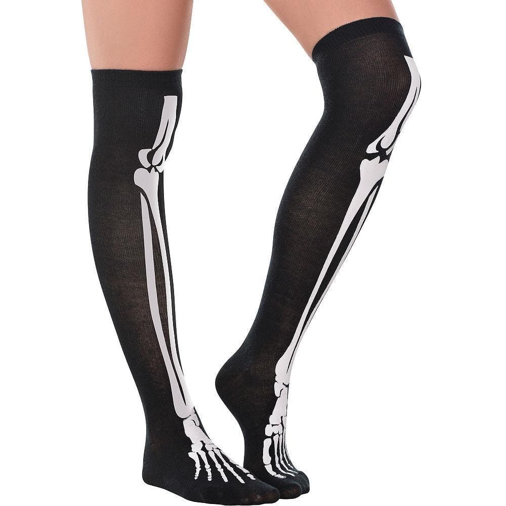 Black over-the-knee skeleton bone stockings with bold white skeletal design from calf to foot perfect for edgy style
