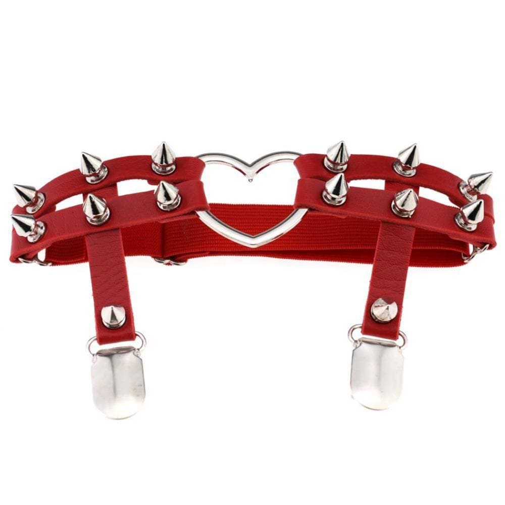 Red leather garter belt with silver spikes and heart shaped metal centerpiece perfect spiky heart garter design