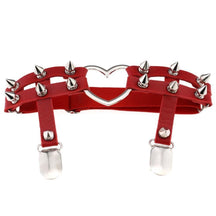 Red leather garter belt with silver spikes and heart shaped metal centerpiece perfect spiky heart garter design