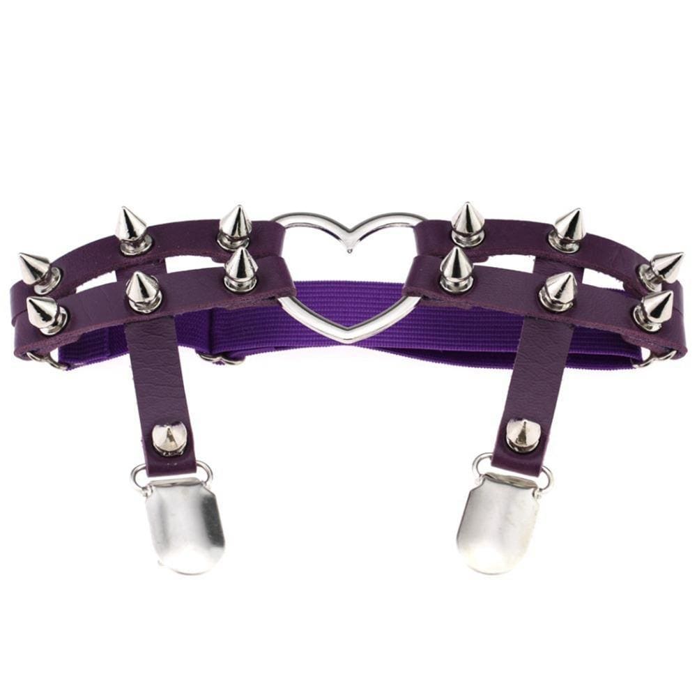 Purple leather garter belt with silver spikes and a heart-shaped metal centerpiece spiky heart garter style