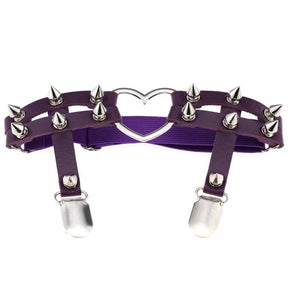 Purple leather garter belt with silver spikes and a heart-shaped metal centerpiece spiky heart garter style