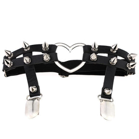 Black leather garter belt with silver heart centerpiece and spiked studs perfect as a spiky heart garter belt