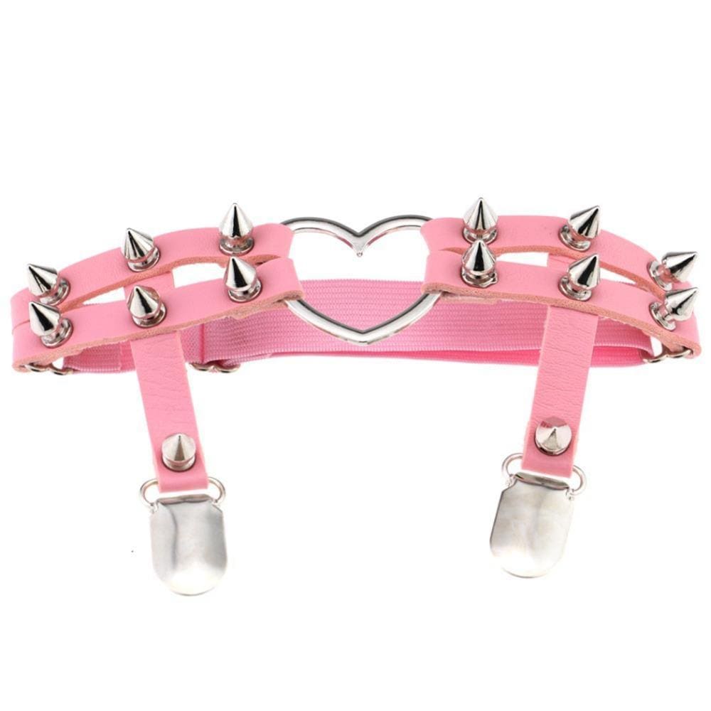 Pink leather spiky heart garter belt with silver spikes and heart-shaped metal centerpiece accessory