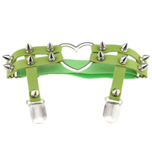 Green leather spiky heart garter belt with silver spikes and heart-shaped metal centerpiece for edgy style