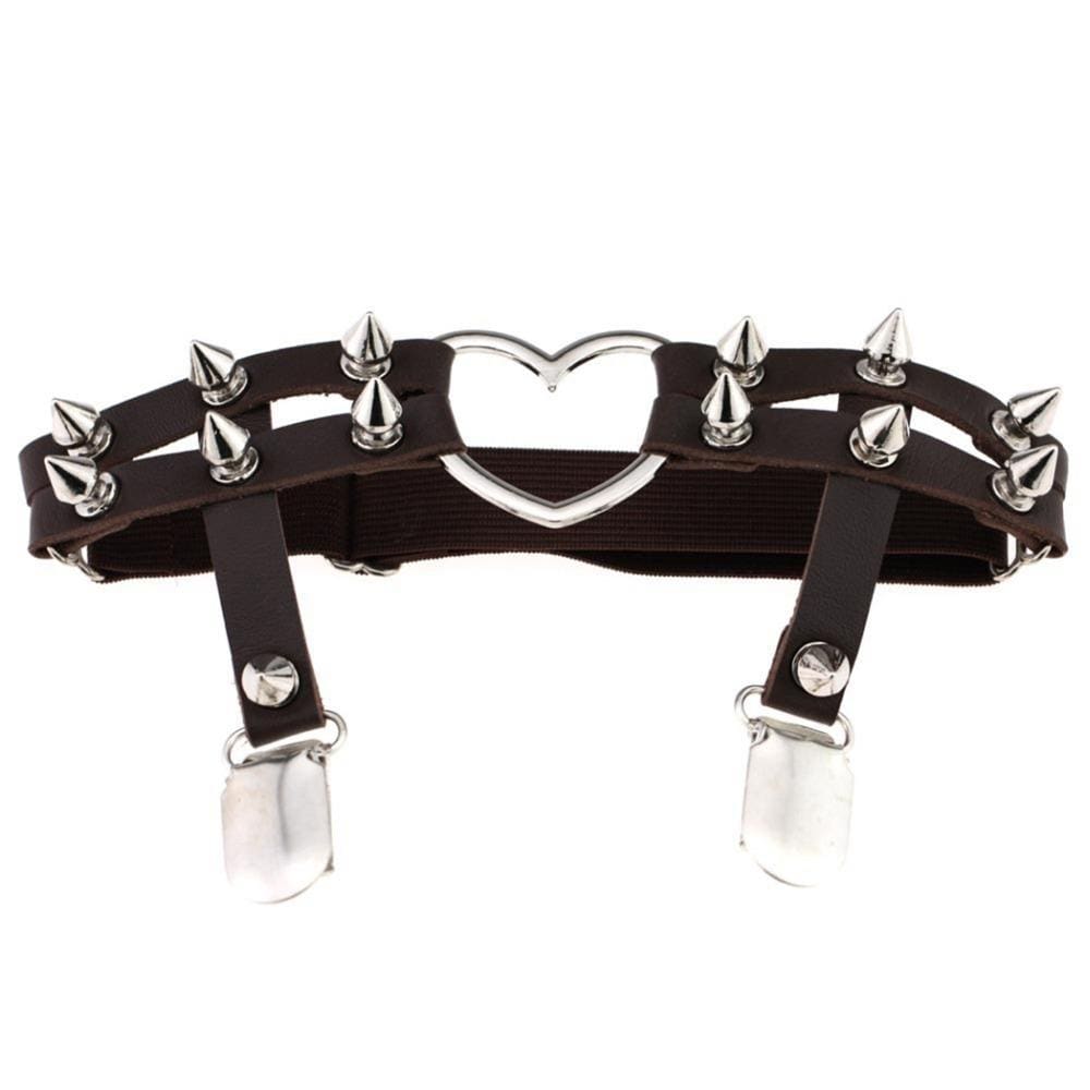 Black leather spiky heart garter belt with silver heart centerpiece and edgy spiked accents for bold looks