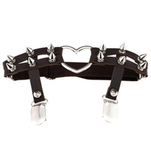 Black leather spiky heart garter belt with silver heart centerpiece and edgy spiked accents for bold looks