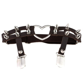 Black leather spiky heart garter belt with silver heart centerpiece and edgy spiked accents for bold looks