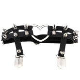 Black leather spiky heart garter belt with silver heart centerpiece and spikes for bold edgy style