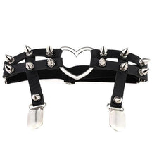 Black leather spiky heart garter belt with silver heart centerpiece and spikes for bold edgy style