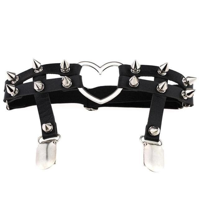 Black leather spiky heart garter belt with silver heart centerpiece and spikes for bold edgy style