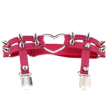 Pink leather spiky heart garter belt with silver spikes and heart shaped metal clasp for edgy style