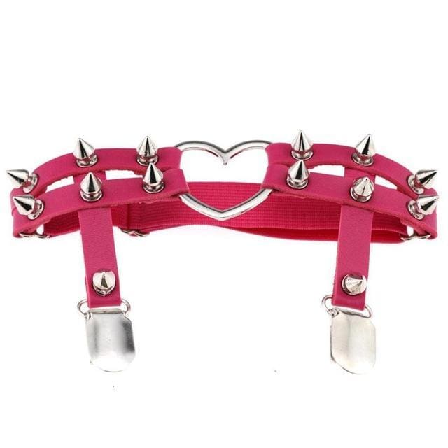 Pink leather spiky heart garter belt with silver spikes and heart shaped metal clasp for edgy style