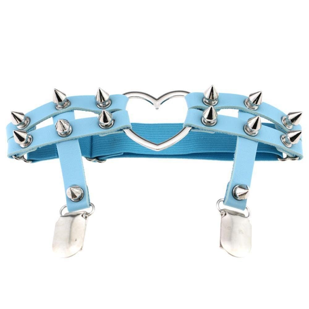 Light blue faux leather spiky heart garter belt with silver spikes and a heart-shaped clasp in front center